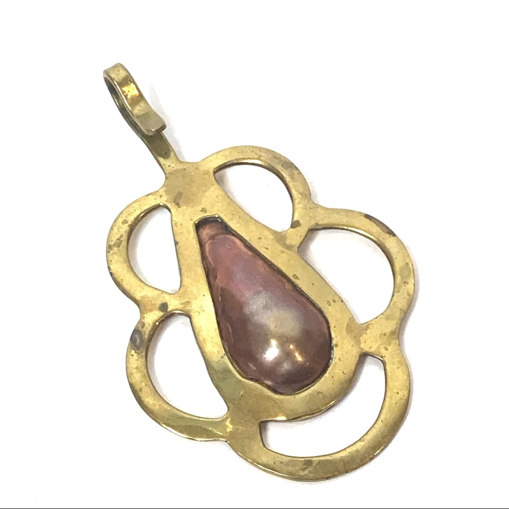 Retro Brutalist Art Pendant Necklace Brass Copper